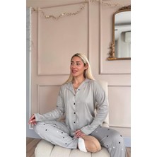 Pijama Evi Gri Stars Desenli Bambu Önden Düğmeli Uzun Kol Kadın Pijama Takımı