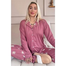 Pijama Evi Pudra Daisy Desenli Bambu Önden Düğmeli Uzun Kol Kadın Pijama Takımı