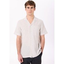 Ekru-Gri Erkek Apaş Yaka Relaxed Çizgili Gömlek J5SM-GML7298