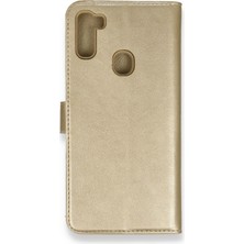 Bilişim Akademi  Samsung Galaxy A11 Kılıf Deri Kartlıklı Kılıf Kapaklı Kılıf Cüzdanlı - Gold