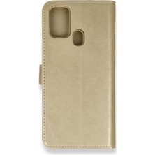 Bilişim Akademi  Samsung Galaxy M21 Kılıf Deri Kartlıklı Kılıf Kapaklı Kılıf Cüzdanlı - Gold