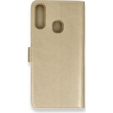 Bilişim Akademi  Samsung Galaxy A20S Kılıf Deri Kartlıklı Kılıf Kapaklı Kılıf Cüzdanlı - Gold