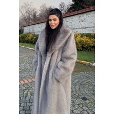 Premium Şal Yaka Mob Wife Suni Kürk Maxi Kadın Kaban