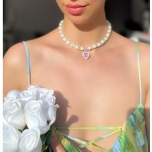 Pinky Lady Incili Parlak Taşlı Pembe Kalp Kolye