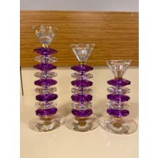 Şamdan Mumluk 3'lü Kristal El Yapımı Mor Şeffaf 27 22 18 cm