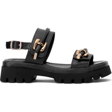 Ayakkabı Fuarı Elit DK523-016 Kadın Hakiki Deri Düz Sandalet Siyah