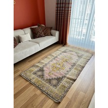 DesignEv 117 x 210  cm  Sarı ve Pembe Renkli El Dokuma Halı, Harika Yün Halı, Yumuşak Pastel Tonları, Vintage Bohem Ev Halısı