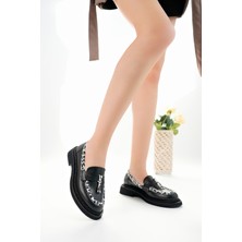 Marshetta Shoes Shadow Model  Siyah Cilt Leopar Şerit ve Toka Detaylı Kadın Loafer Günlük Ayakkabı