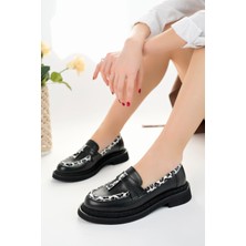 Marshetta Shoes Shadow Model  Siyah Cilt Leopar Şerit ve Toka Detaylı Kadın Loafer Günlük Ayakkabı