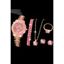 Chibago Kadın Kol Saati, Bileklik, Kolye, Küpe ve Yüzük Kombin Set Pembe