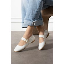 Shoetek Hanna Kadın Babet Bantlı Tokalı Beyaz Deri
