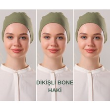 Melodi Scarf Kadın Tesettür Dikişli Set Bone Haki 3 Adet Bağlamalı Penye Bone