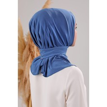 Melodi Scarf Kadın Tesettür Pratik Çıtçıtlı Sandy Fular Hazır Deniz Havuz Uyumlu Bone Indigo