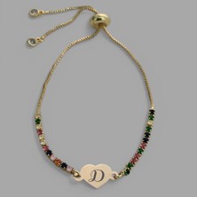 Archin Kalp Motifli Renkli Taşlı ve 14  Ayar Altın Plakalı  Harfe Özel Bileklik