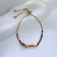 Archin Kalp Motifli Renkli Taşlı ve 14 Ayar Altın Plakalı Özel Semboller Bilekliği