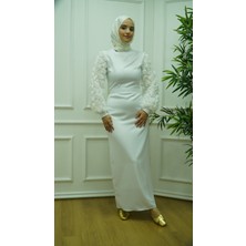 Bems Moda Kolu Gül Detaylı Saten Elbise