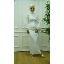 Bems Moda Kolu Gül Detaylı Saten Elbise