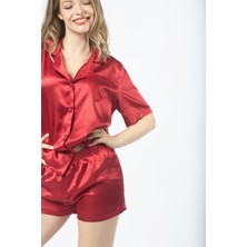 Saten Ön ve Arka Tarafı Kalp Detaylı Alt- Üst Takım Pijama