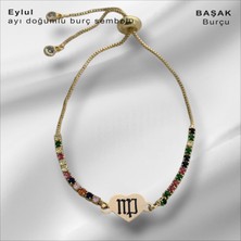 Archin Özel Kalp Motifli Renkli Taşlı ve 14 Ayar Altın Plakalı Burç Sembollü Bileklik