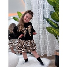 Kız Çocuk Uzun Kollu Leopar Desenli Kışlık Salopet Bayramlık Elbise (3-4-5-6-7-8-9-10 Yaş)