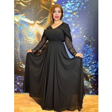 Yeşil Moda Elbise Abiye Dantelli Taşlı Işlemeli Maksi Krep Ipek Kumaş Astarlı Yüksek Kalite Siyah