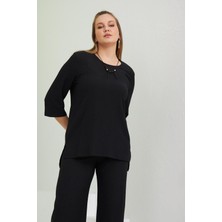 Imagine Giyim Kolye Detaylı Yırtmaçlı Büyük Beden Bluz