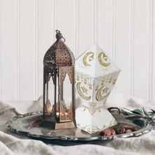 Roco Paper Co. 12LI Ramazan Şeker Hediye Kutusu, Beyaz&altın Ay, Yıldız, Fener Tasarımlı Şekerleme Kutusu, 7 x 7 x 12 cm