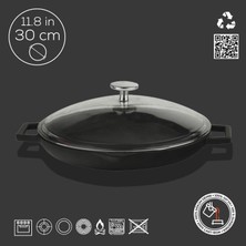 Lava Döküm Yuvarlak Kızartma Tavası Cam Kapaklı Döküm Demir Yekpare Çift Kulplu Çap(Ø)30cm.