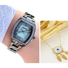 Ferrucci Dikdörtgen Kasa Çelik Kadın Kol Saati+Çelik Kolye Hediye