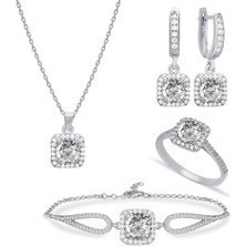 925 Ayar Gümüş Kare Beyaz Taşlı Takı Seti