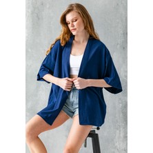 Kadın Yarım Kol Rahat Kesim Bürümcük Kısa Kimono Lacivert - 7099
