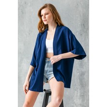 Kadın Yarım Kol Rahat Kesim Bürümcük Kısa Kimono Lacivert - 7099