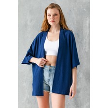 Kadın Yarım Kol Rahat Kesim Bürümcük Kısa Kimono Lacivert - 7099