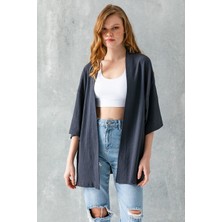 Kadın Yarım Kol Rahat Kesim Bürümcük Kısa Kimono Antrasit - 7099