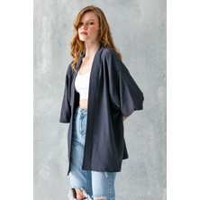 Kadın Yarım Kol Rahat Kesim Bürümcük Kısa Kimono Antrasit - 7099
