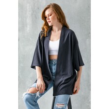 Kadın Yarım Kol Rahat Kesim Bürümcük Kısa Kimono Antrasit - 7099
