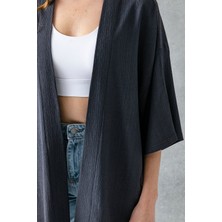 Kadın Yarım Kol Rahat Kesim Bürümcük Kısa Kimono Antrasit - 7099