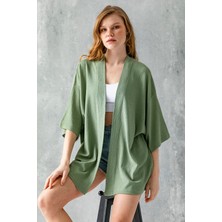 Kadın Yarım Kol Rahat Kesim Bürümcük Kısa Kimono Haki - 7099