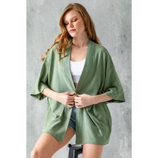 Kadın Yarım Kol Rahat Kesim Bürümcük Kısa Kimono Haki - 7099