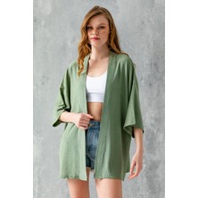 Kadın Yarım Kol Rahat Kesim Bürümcük Kısa Kimono Haki - 7099