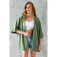 Kadın Yarım Kol Rahat Kesim Bürümcük Kısa Kimono Haki - 7099