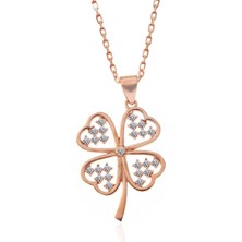 Gümüş Rose Kalpli Dört Yapraklı Yonca Kadın Kolye CSR2184736