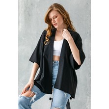 Kadın Yarım Kol Rahat Kesim Bürümcük Kısa Kimono Siyah - 7099