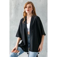 Kadın Yarım Kol Rahat Kesim Bürümcük Kısa Kimono Siyah - 7099