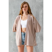 Kadın Yarım Kol Rahat Kesim Bürümcük Kısa Kimono Taş - 7099
