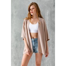 Kadın Yarım Kol Rahat Kesim Bürümcük Kısa Kimono Taş - 7099