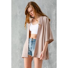 Kadın Yarım Kol Rahat Kesim Bürümcük Kısa Kimono Taş - 7099