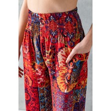 Kırmızı Etnik Desenli Kadın Şalvar Yoga Pantolonu %100 Viskon Çift Cepli - 2460