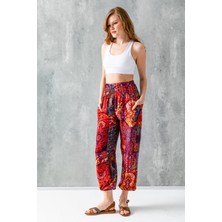 Kırmızı Etnik Desenli Kadın Şalvar Yoga Pantolonu %100 Viskon Çift Cepli - 2460