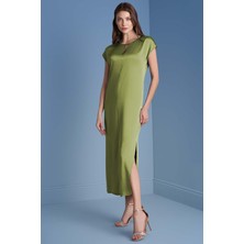 Guitar Yarasa Kol Yeşil Saten Elbise